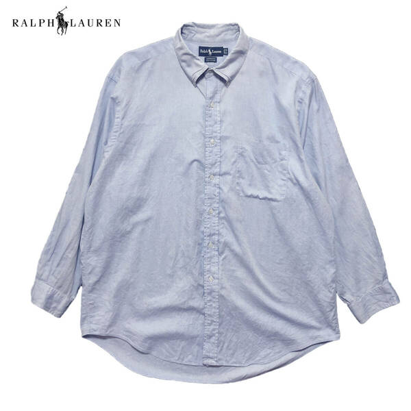 USA 古着 90S ラルフローレン YARMOUTH コットン BDシャツ 長袖シャツ ブルー 無地 メンズXL相当 大きいサイズ Ralph Lauren 中古 BG0707