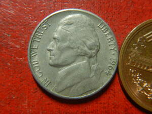 外国・USA／ジェファーソン５セント白銅貨（1964年D）　240216
