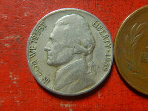 外国・USA／ジェファーソン５セント白銅貨（1939年S）：発行枚数663万枚　240221