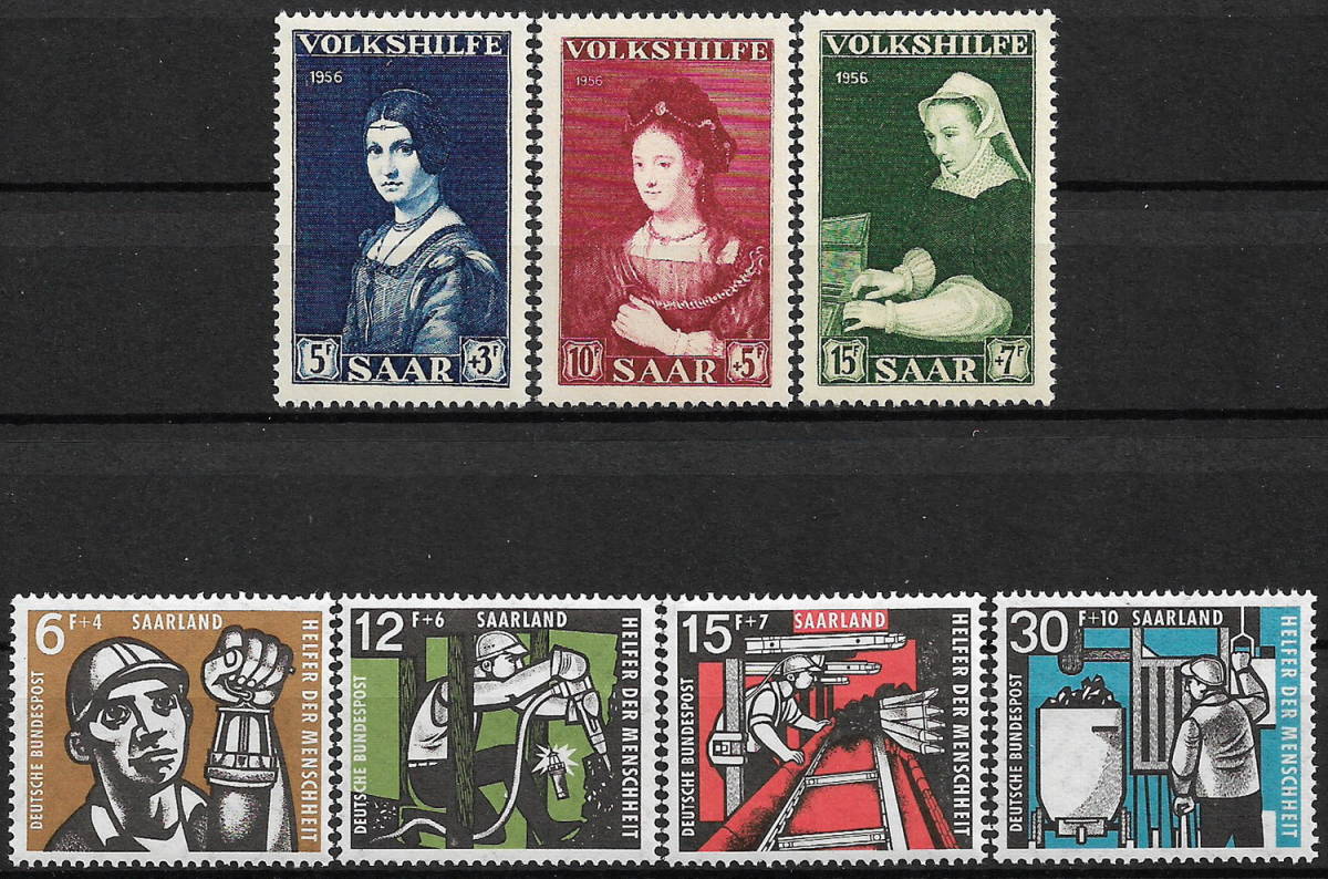 1956-57 - 德国国家/萨尔 - 画家达芬奇/伦勃朗绘画 3 种完整 + 工业工程师 4 种完整 - 未使用 (MNH) - VD-467, 古董, 收藏, 邮票, 明信片, 欧洲
