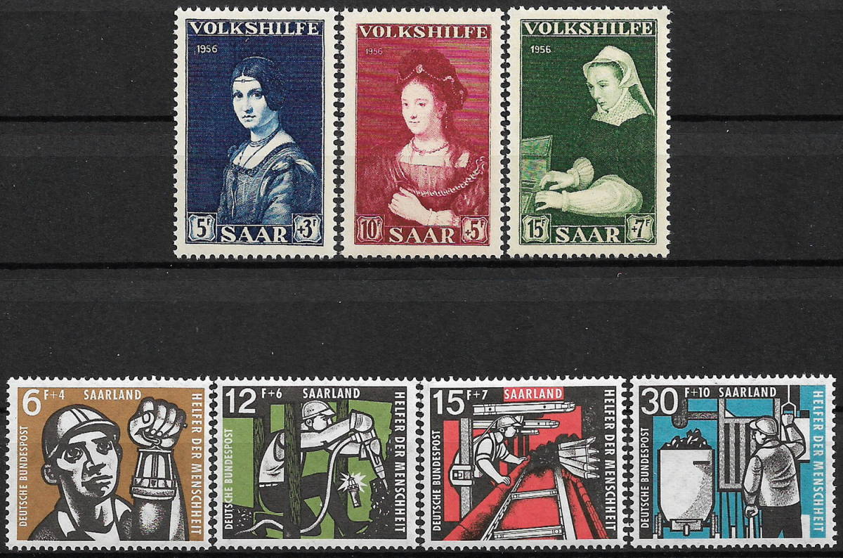 1956-57 – Deutscher Staat / Saar – Gemälde des Malers Da Vinci/Rembrandt, 3 Typen komplett + Wirtschaftsingenieur, 4 Typen komplett – unbenutzt (postfrisch) – VD-469, Antiquität, Sammlung, Briefmarke, Postkarte, Europa