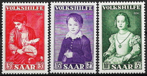 Art hand Auction 1954 - 德国 / 萨尔 - 画家巴托洛梅的画作 - 街头的男孩和甜瓜, 等 3 完整 - 未使用 (MNH) (SC#B101-B103) - VD-471, 古董, 收藏, 邮票, 明信片, 欧洲