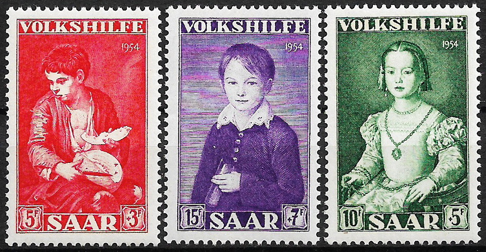 1954 - الولاية الألمانية / سار - لوحات للرسام بارتولوم - الأولاد والبطيخ في الشوارع, إلخ. 3 كاملة - غير مستخدمة (MNH) (SC#B101-B103) - VD-473, العتيقة, مجموعة, ختم, بطاقة بريدية, أوروبا