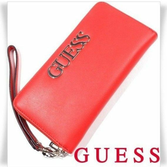 GUESS ゲス レザー ストラップ ラウンドファスナー長財布 ロングウォレット レッド ロゴ 大容量 正規店本物 