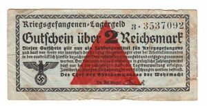 【ナチス鉤十字】第二次世界大戦ドイツ捕虜収容所紙幣 2ライヒスマルク（1939-44）[2864]