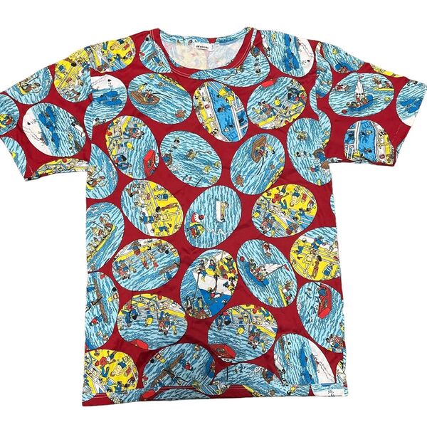 80s 90s ウォーリーをさがせ 総柄tシャツ シングルステッチ 半袖Tシャツ L 古着