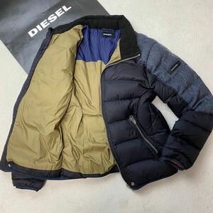 極美品/L〜XL●DIESEL ディーゼル 中綿 ダウンジャケット アウター ブルゾン デニム切替 インディゴブルー 肩ロゴパッチ 裏地バイカラー