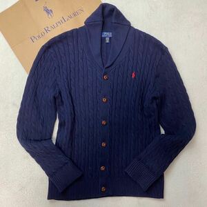 現行 希少XL!未使用級 ポロラルフローレン POLO RALPH LAUREN ショールカラーカーディガン ケーブルニット ネイビー メンズ くるみボタン