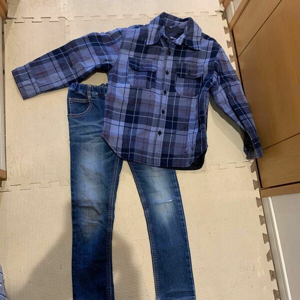 男の子　上下セット　キッズキャップシャツジャケット　moujonjonダメージデニムズボン　120〜130cml