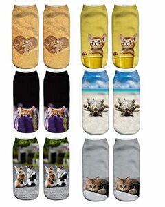 [Meiping] かわいい 猫柄 レディースソックス 靴下 カラフル ファッション 靴下セット ガールズ 6足セット