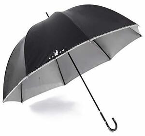 Lサイズ 晴雨兼用 日傘 UVカット 紫外線遮蔽率99％ 生地裏シルバーコーティング 小花と猫柄 かわいいドーム型 （深張仕様） 60cm 手開き傘 （黒）