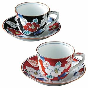 CtoC JAPAN コーヒーカップ おしゃれ: 有田焼 総手描き 色彩山茶花 ペアコーヒー碗皿 Japanese Pair Cup & Sau