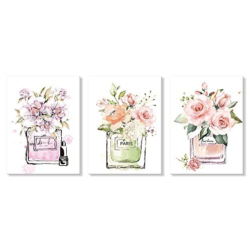 7CANVAS 3-piece Art Panel Perfume Poster Pink Green Flower Poster Canvas Art Interior Painting Nordic Wall Art Decoration, Printed materials, Poster, others