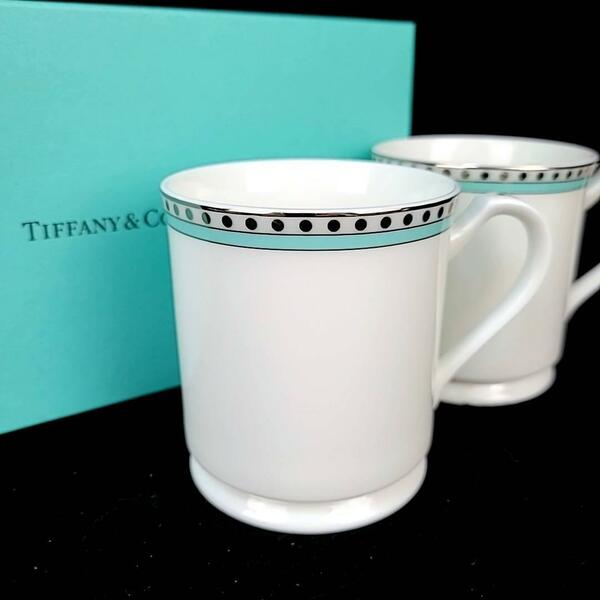 △未使用 ◆ ティファニー　Tiffany&Co. プラチナブルーバンド マグカップ　2客　ペア 箱つき