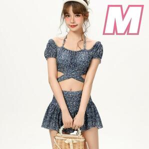 韓国 レディース 水着 セパレート 花柄 ビキニ 可愛い ネイビー M