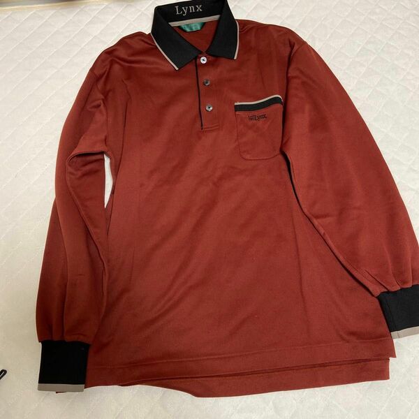Lynx ポロシャツ　赤茶　長袖レッド　ブラウン　メンズ　Lサイズ　ゴルフウェア 長袖ポロシャツ