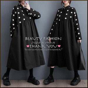 ~3L4L* polka dot diagonal switch unusual material easy long One-piece * black 