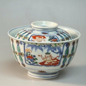 ◆◇ 古伊万里 染錦 仙人図 蓋茶碗(b)◆◇江戸期 1700年代後半頃 赤絵 見立蓋碗にも 珍しい図柄 dy10838-a