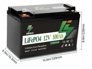 LiFePO4 12V 100Ahセルバッテリー12.8V 1280Wh, 100A BMSを内蔵し、7000回以上のサイクル寿命をなリン酸鉄リチウムイオン電池