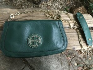 ★　　TORYBURCH　トリーバーチ　美USE　緑×金　レザー製　ショルダーバッグ　ポーチ　かばん　本革　ポシェット　ハンドバッグ