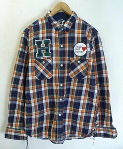 ◆HORN GMT ホーンガーメント ＸＬ ワッペン装飾 ポケット付き チェック ネルシャツ オレンジ サイズXL 美 mark lona 姉妹ブランド