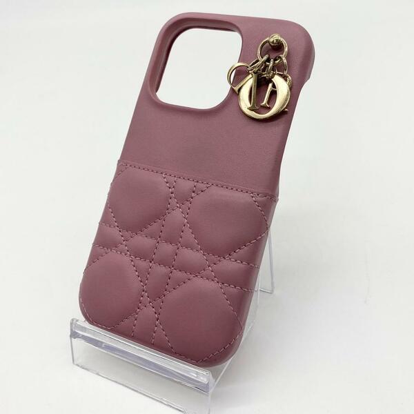 Christian Dior クリスチャンディオール iPhone14Proケース カナージュ ピンク レザー スマホカバー ゴールド金具 レディース イタリア製