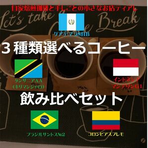 ３種類選べる　飲み比べ　コーヒー豆　自家焙煎　ブラジル　コロンビア　グァテマラ　タンザニア　マンデリン　モカシダモ　てぃあれ