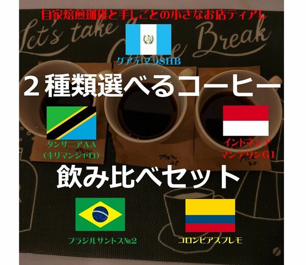 2種類選べる　飲み比べ　コーヒー豆　ティアレ　自家焙煎　ブラジル　コロンビア　グァテマラ　タンザニア　マンデリン　てぃあれ