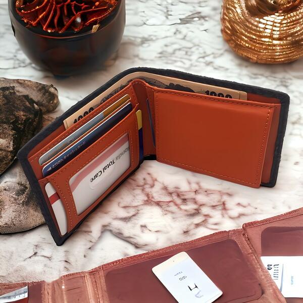 二つ折り財布 内装：オレンジ メンズ レディース BOX型小銭入れ カードケース