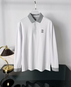 ブルネロ クチネリ メンズポロシャツ　長袖　Tシャツ　カジュアル　秋冬　刺繍ロゴ　SLIM FIT 無地 吸湿性　ホワイト　56サイズ