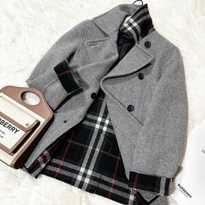 大きいサイズ 超美品 バーバリー BURBERRY バーバリーロンドン ウールコート ピーコート カシミヤ混 ダブルフェイス ヘリンボーン40