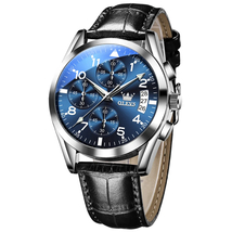 OLEVS メンズ 腕時計 2878 高品質 クオーツ カジュアル ビジネス ファッション レザー ウォッチ クロノグラフ 時計 シルバー × ブルー_画像2