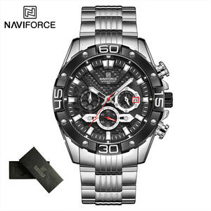 Naviforce メンズ クオーツ 腕時計 8019S ビジネス カジュアル スポーツ クロノグラフ ウォッチ ステンレス 時計 シルバー × ブラック