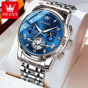 OLEVS メンズ 腕時計 2856 高品質 クオーツ カジュアル スポーツ ビジネス 時計 ステンレス クロノグラフ ウォッチ シルバー × ブルー