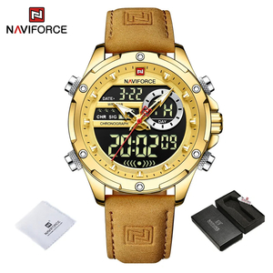 Naviforce メンズ クオーツ 腕時計 9208 高品質 カジュアル スポーツ クロノグラフ ウォッチ レザー バンド 時計 ゴールド × ゴールド