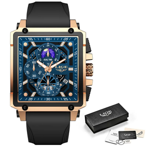 LIGE メンズ 腕時計 高品質 Quartz Wristwatches ファッショナブル 時計 クオーツ シリコン バンド ウォッチ クロノグラフ Rブルー