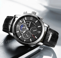 LIGE メンズ クオーツ 腕時計 高品質 ビジネス ウォッチ カジュアル スポーツ クロノグラフ レザー 時計 シルバー × ブラック_画像10