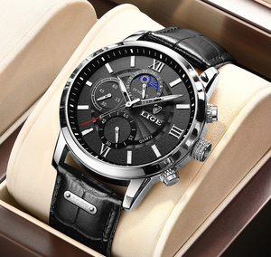 LIGE メンズ クオーツ 腕時計 高品質 ビジネス ウォッチ カジュアル スポーツ クロノグラフ レザー 時計 シルバー × ブラック
