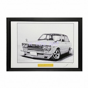 Art hand Auction NISSAN 510 Bluebird [Pencil drawing] Famous car Old car illustration A4 size Framed Signed, artwork, painting, pencil drawing, charcoal drawing