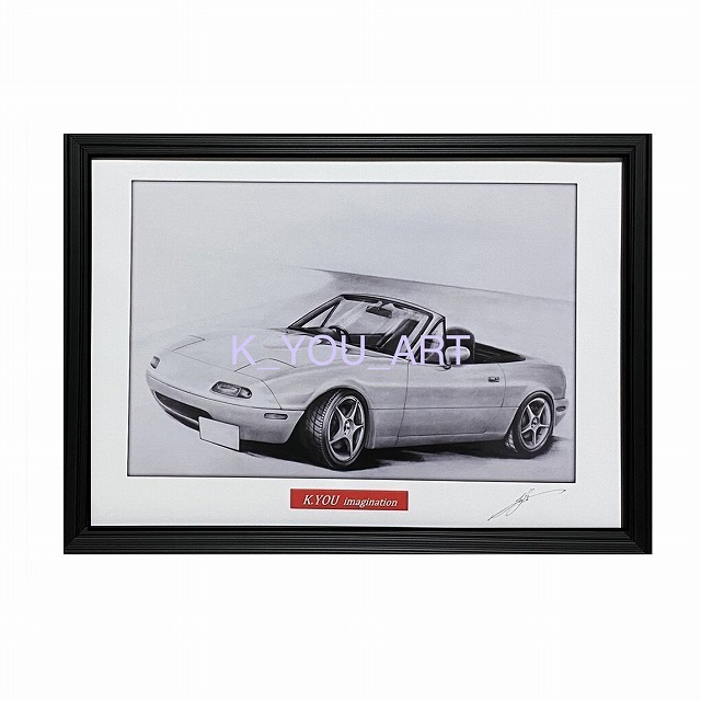 Mazda MAZDA Eunos Roadster [Pencil Drawing] Famous Car Old Car Illustration A4 Size Framed Signed, artwork, painting, pencil drawing, charcoal drawing