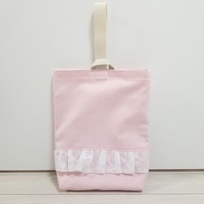 上履き入れ ピンク×レースフリル ハンドメイド