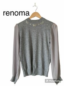 renoma レノマ　レディース　春物　カットソー　ビジュー　ニット　グレー　薄手　シースルー　ドッキングシャツ