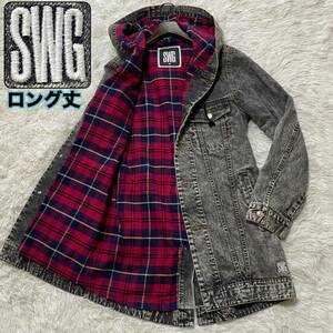 SWG swagger スワッガー ケミカルウォッシュ デニム ロングコート デニムジャケット Gジャン チェック柄裏地 M表記M〜L相当