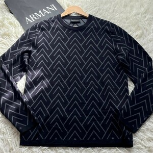 極美品/Lサイズ●エンポリオアルマーニ EMPORIO ARMANI ニット セーター クルーネック ヘリンボーン 総柄 幾何学模様 ウール 黒