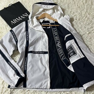 美品/XLサイズ●エンポリオアルマーニ【粋な男の羽織り】EMPORIO ARMANI パーカー 中綿 ライトジャケット テープロゴ フード アウター 白