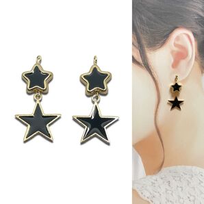398.ブラックスター2連ピアス(イヤリング変更可)ハンドメイド