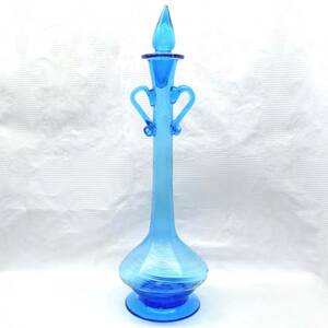 D60 琉球ガラス ブルー 気泡入り 蓋付き デキャンタ 花瓶 大 ガラスオブジェ レトロ 伝統工芸
