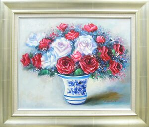 絵画 油絵 作者不詳 肉筆油絵 静物画 薔薇の花と花瓶 F10 送料無料