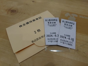 ●1円～　未使用品・最新　東武鉄道　株主優待乗車証　2枚　2024年6月30日迄　人気　定形郵便