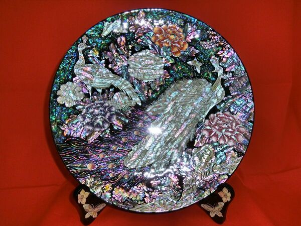 【ART】螺鈿孔雀牡丹紋飾り皿